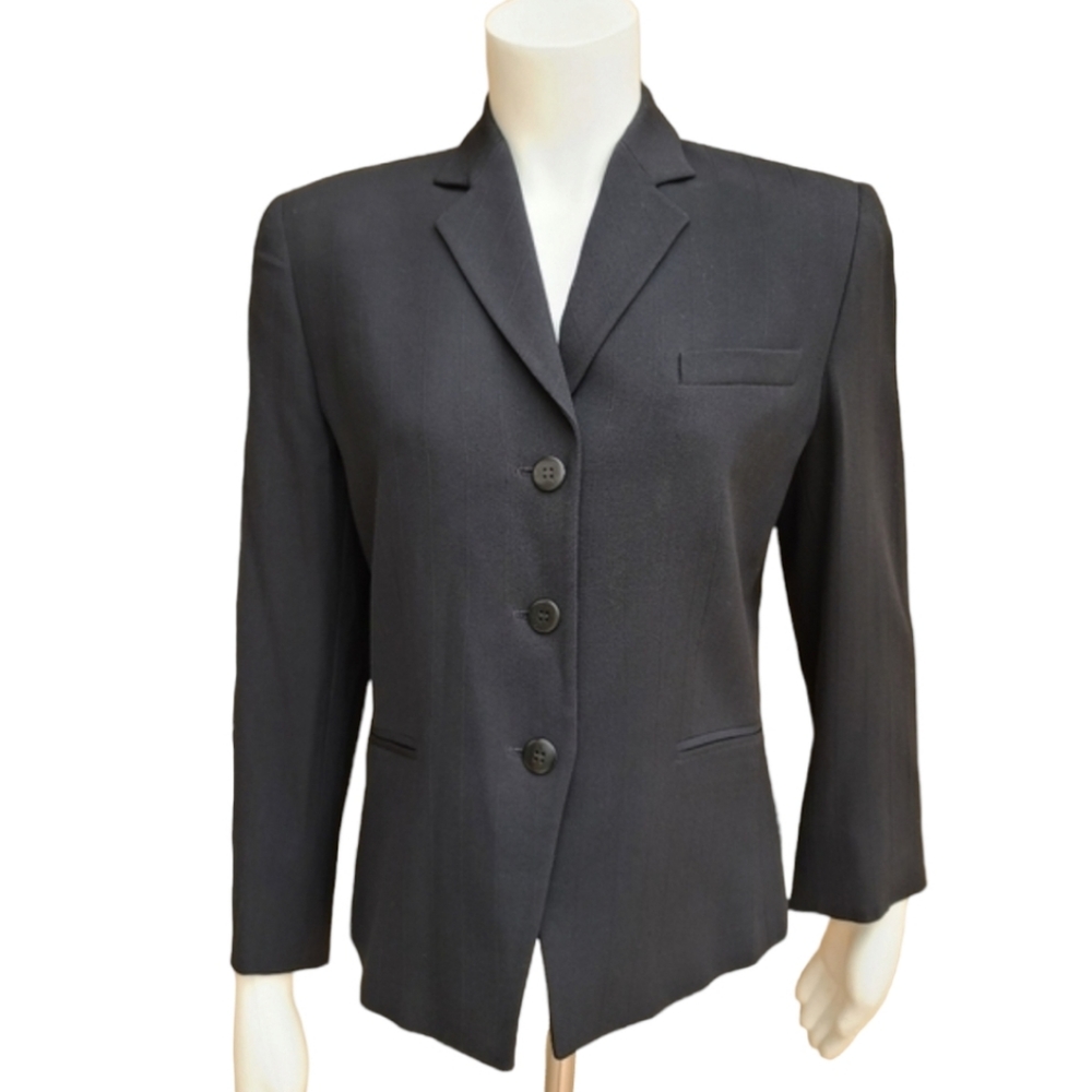 ARMANI COLLEZIONI Black Pinstriped Wool Blazer 8 Vintage Luxury Suit Jacket - Picture 2 of 15